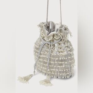 Lulu’s Celebrate the Vibe Holiday Silver Beaded Pearl Fringe Bucket Bag
